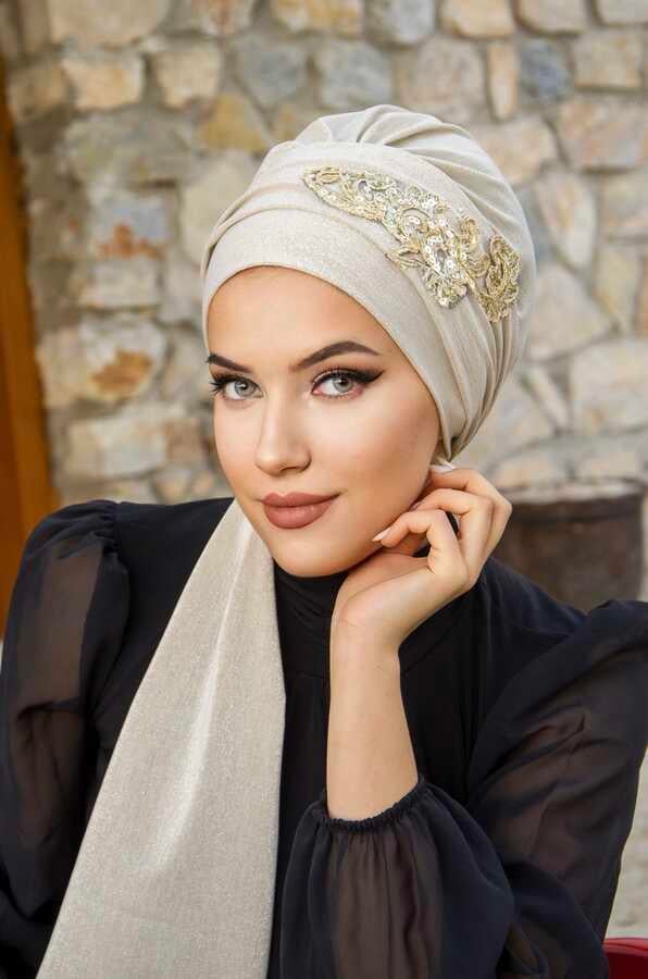 Ekru Gold Nakışlı  Atkılı Abiye Bone