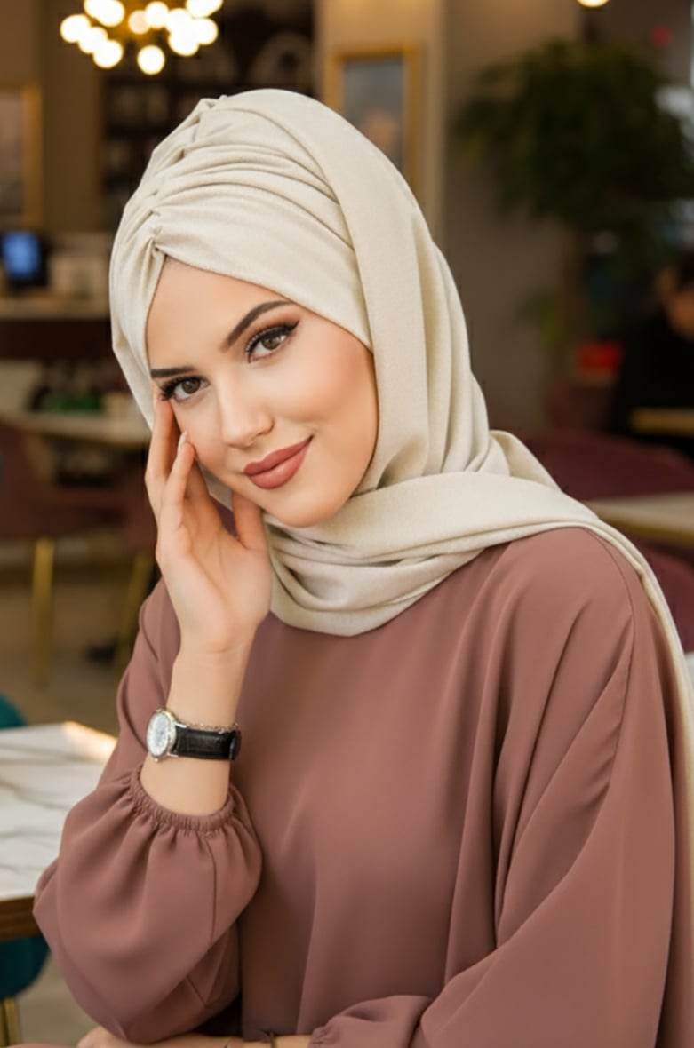 Ekru Simli Kelebek Büzgülü Bantlı Bone Şal