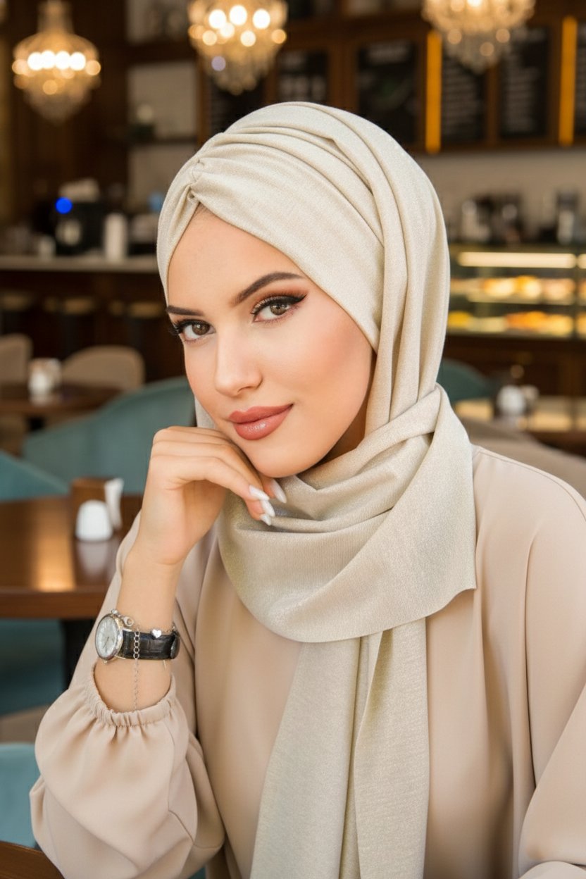 Ekru Simli Kelebek Büzgülü Bantlı Bone Şal