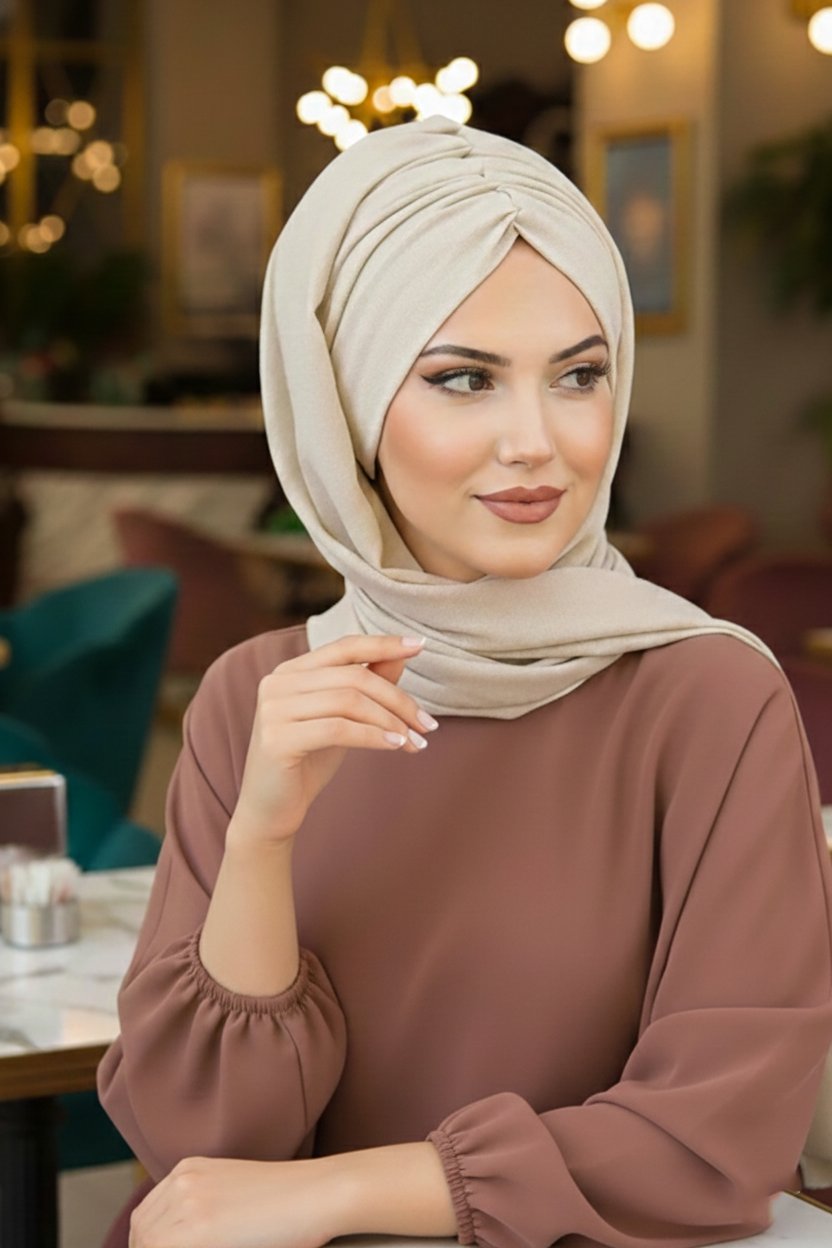 Ekru Simli Kelebek Büzgülü Bantlı Bone Şal