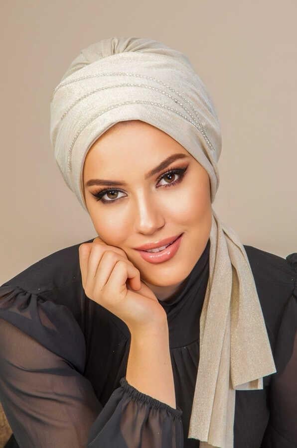 Ekru Taşlı Abiye Atkılı Bone