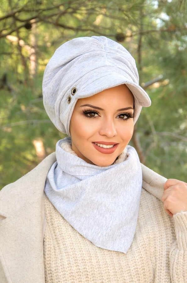 Eşofman Gri Metal Detaylı Büzgülü Tesettür Şapka Ve Etol Takım