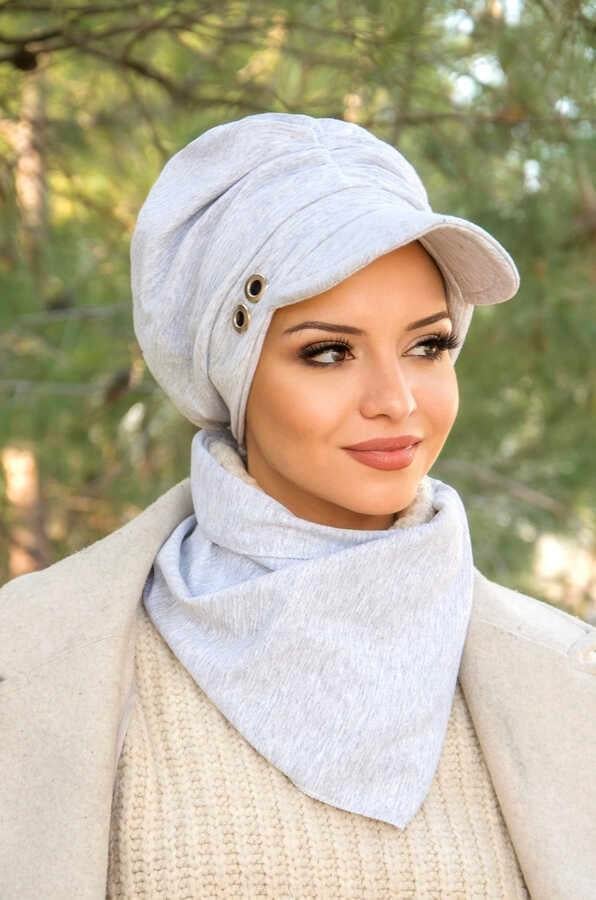 Eşofman Gri Metal Detaylı Büzgülü Tesettür Şapka Ve Etol Takım