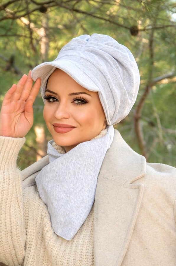 Eşofman Gri Metal Detaylı Büzgülü Tesettür Şapka Ve Etol Takım