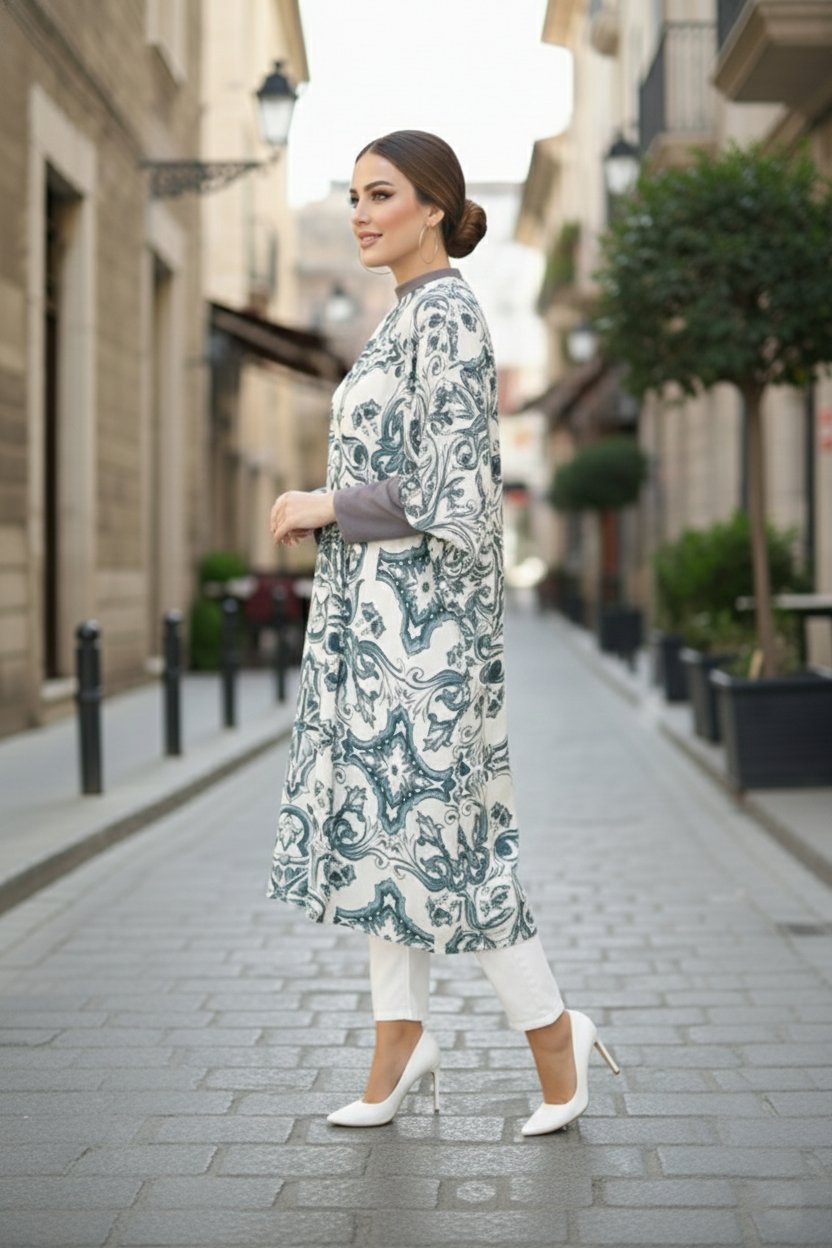 Füme Etnik Desen Oversize Tesettür Tunik