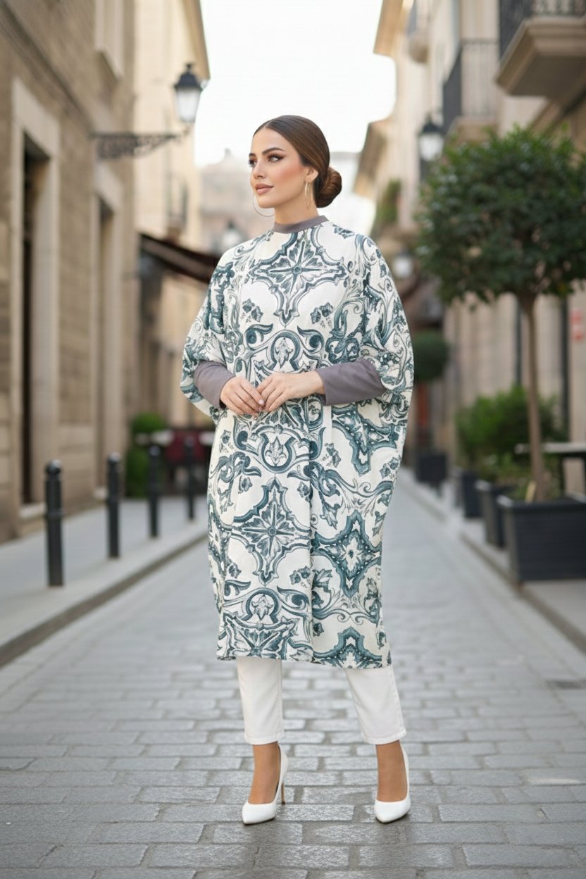 Füme Etnik Desen Oversize Tesettür Tunik
