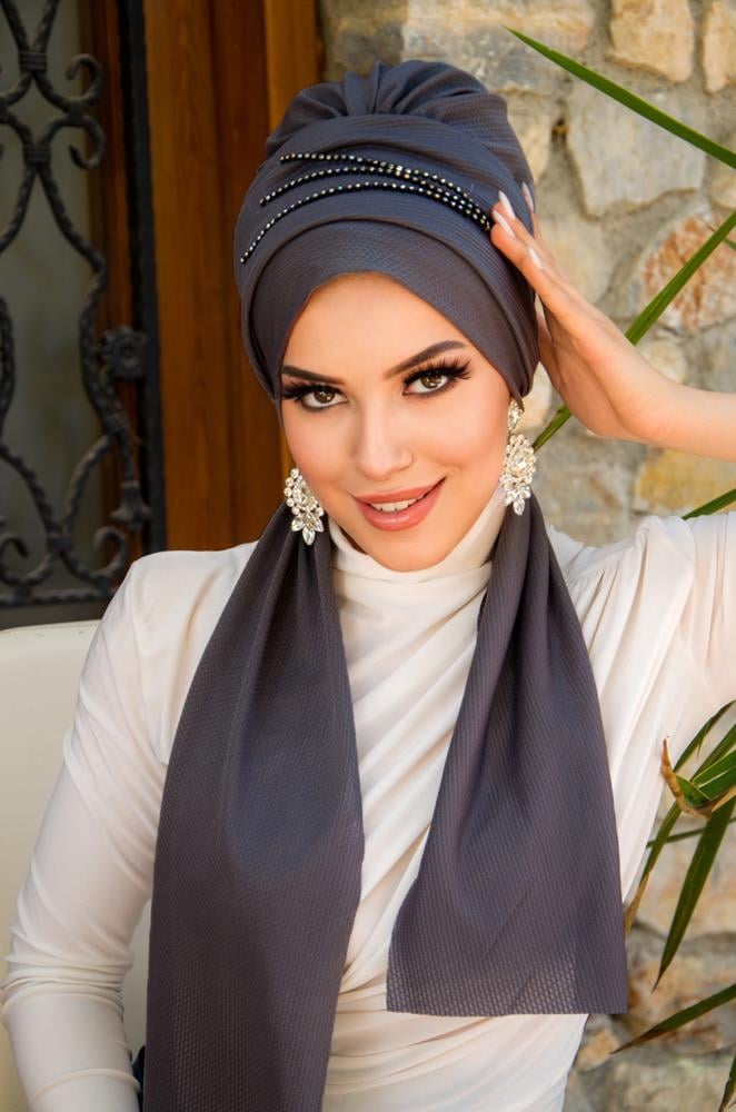 Füme Taşlı Atkılı Abiye Bone