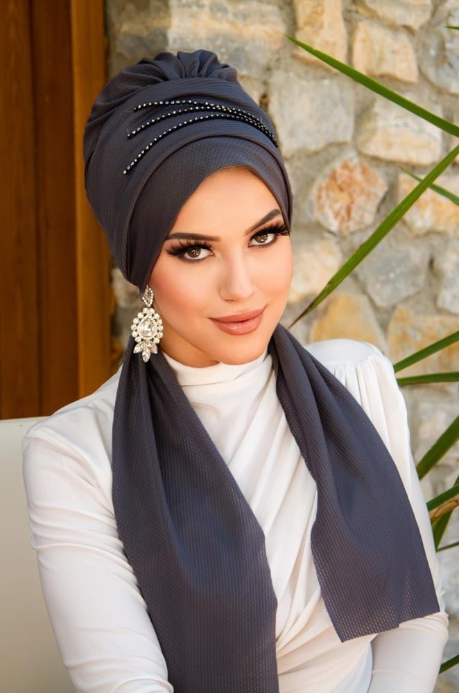 Füme Taşlı Atkılı Abiye Bone