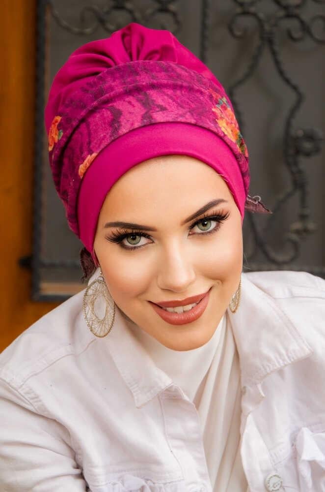 Fuşya Çiçek Desen Bantlı Bone