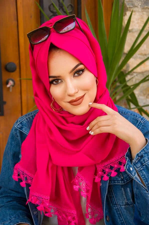 Fuşya Dantelli Şapka Şal