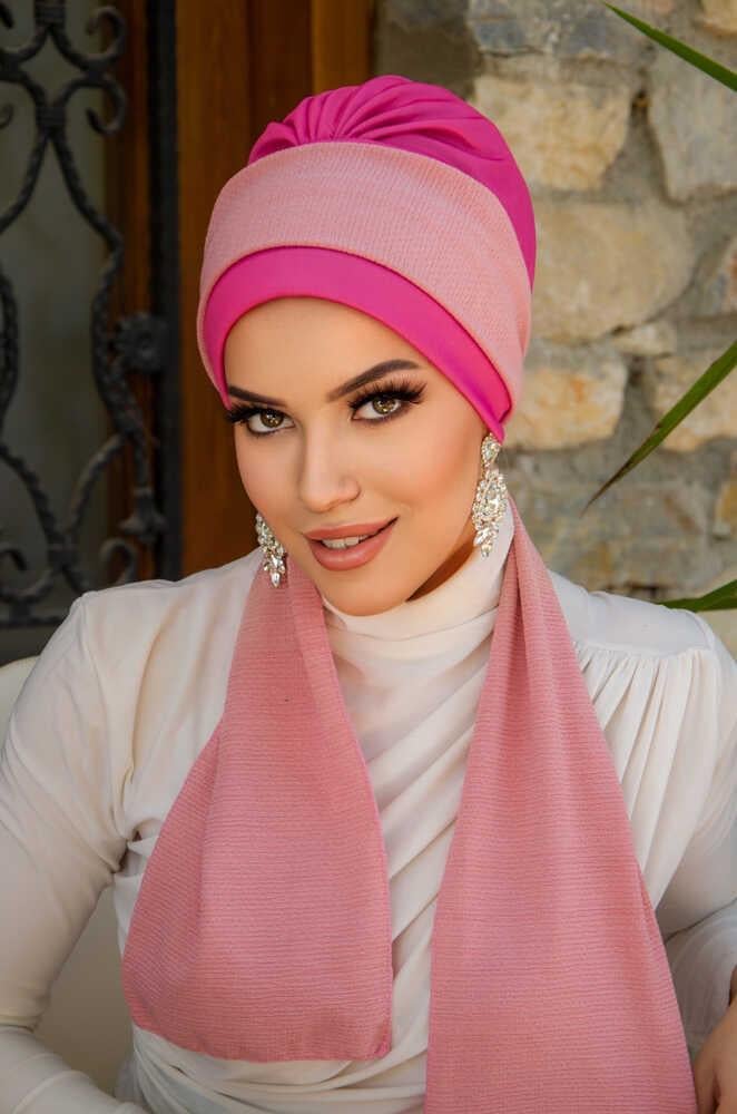 Fuşya Pudra Fularlı Bone