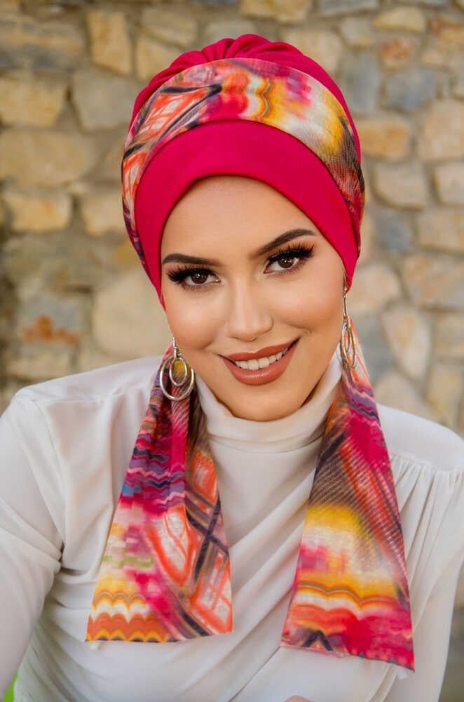 Fuşya Retro Desen Fularlı Bone