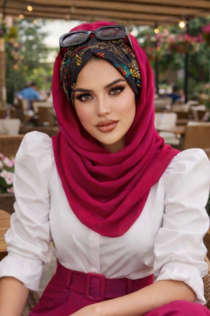 Fuşya Siyah Çiçek Desen Hazır Şal