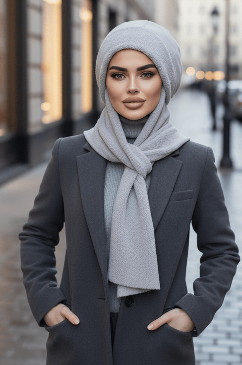 Gri Atkılı Bere Tesettür Bere / UZUN ATKILI