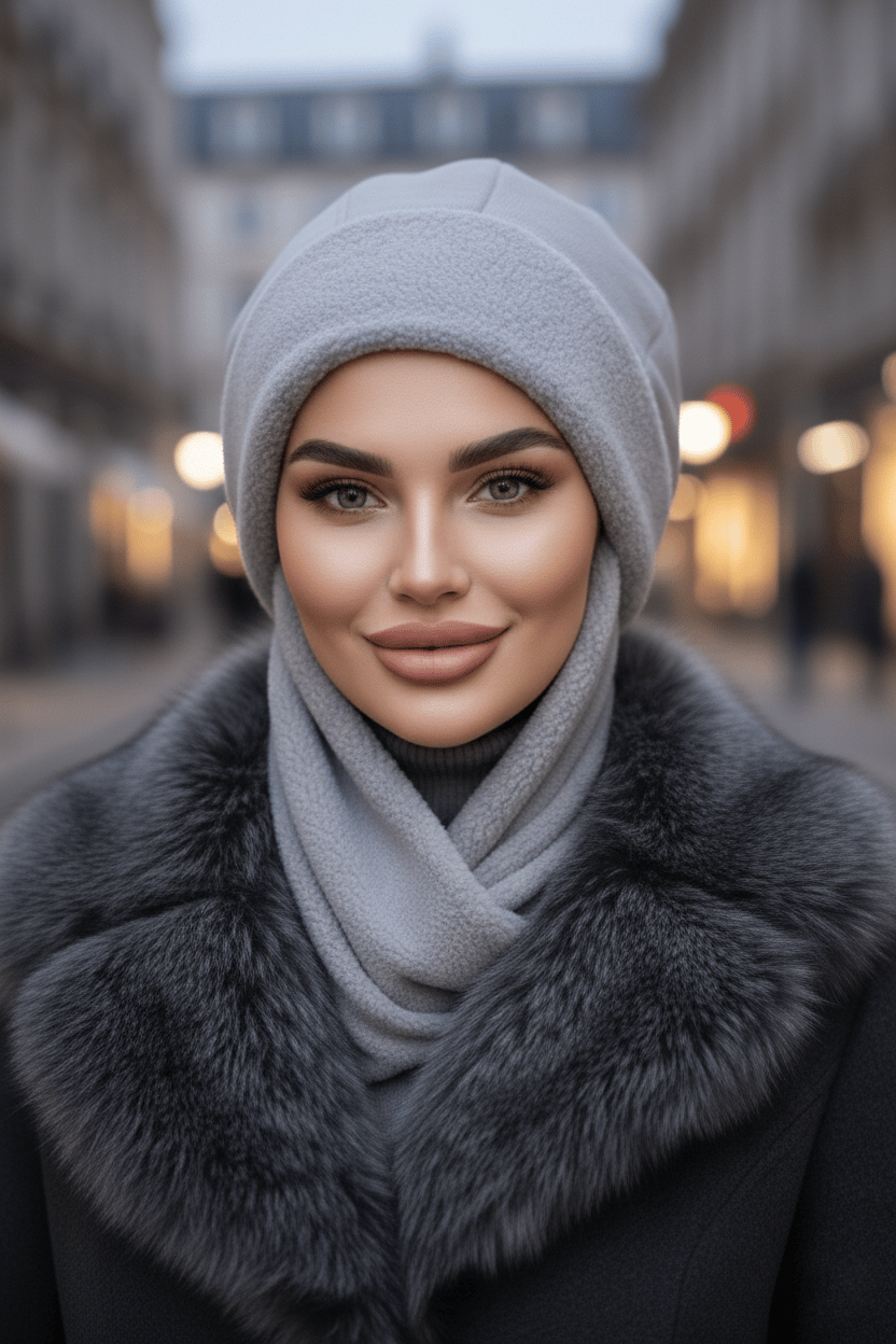 Gri Atkılı Bere Tesettür Bere / UZUN ATKILI