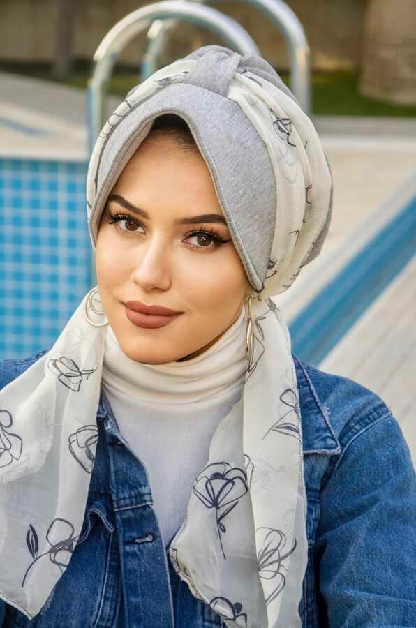 Gri Beyaz Dolgulu  Fularlı Şapka Bone