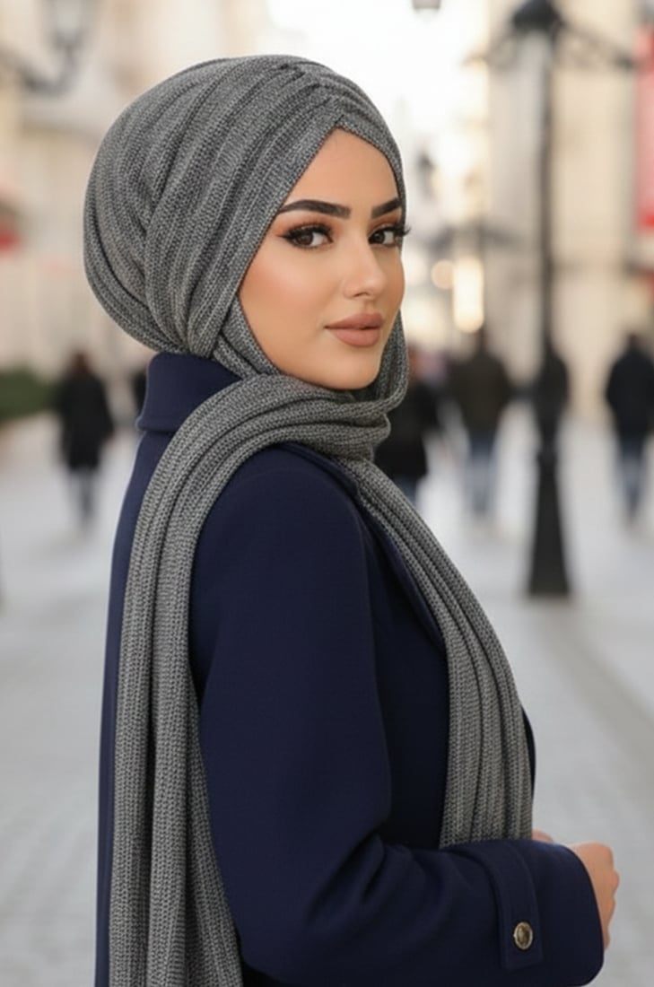 Gri Desen Kelebek Model Büzgülü Bone Şal