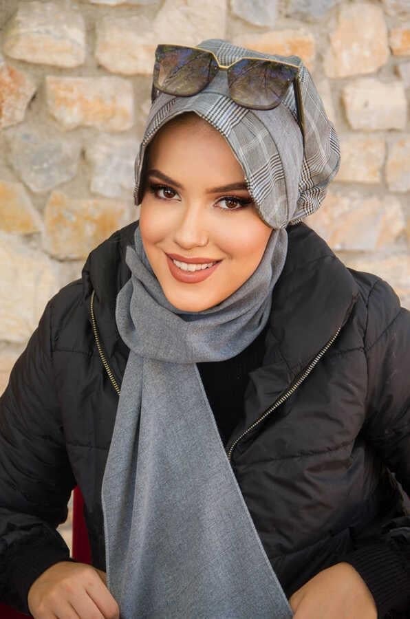 Gri Ekose Desen Tesettür Şapka