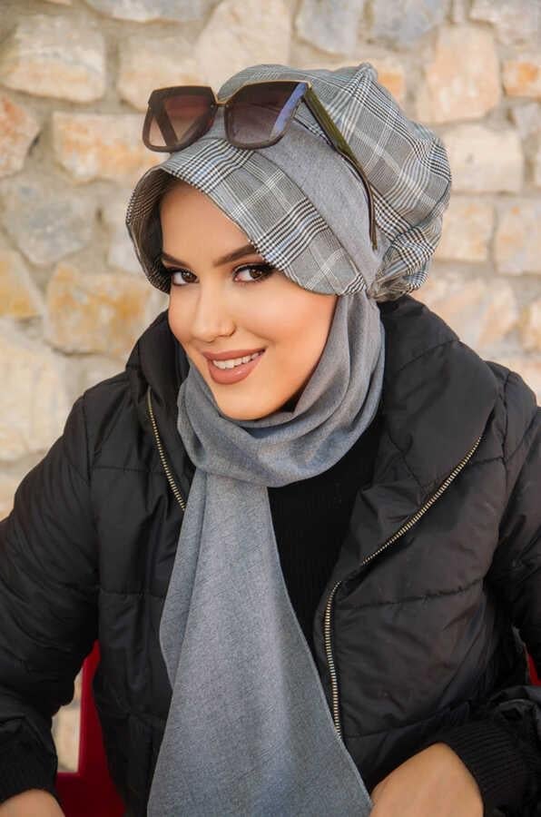 Gri Ekose Desen Tesettür Şapka