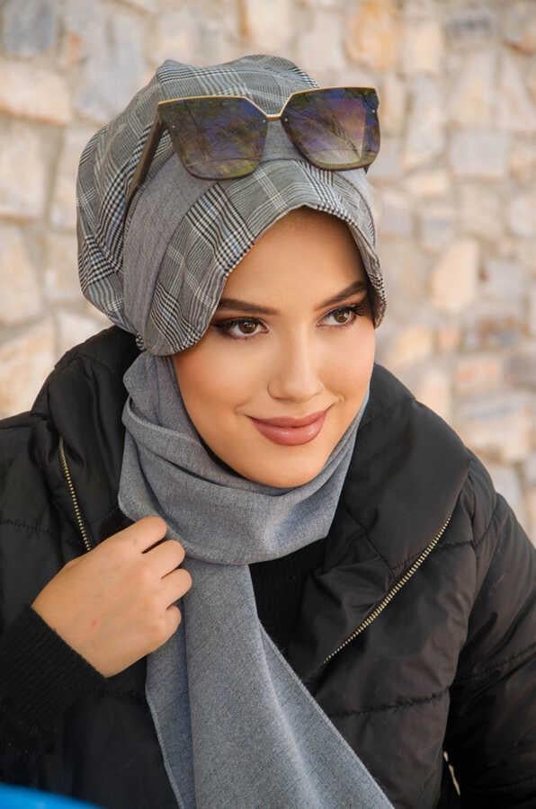 Gri Ekose Desen Tesettür Şapka