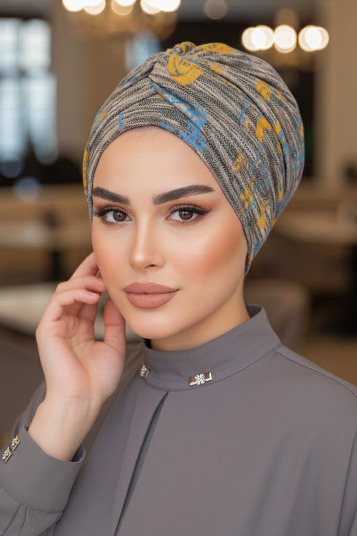 Gri Hardal Desen Burgu Detaylı Bone