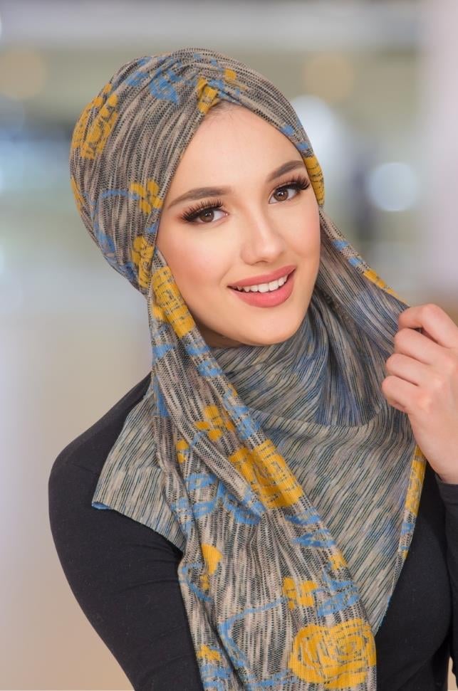 Gri Hardal Desen Kelebek Model Büzgülü Bone Şal