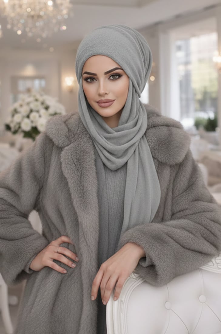 Gri Kürklü Kelebek Bone Şal