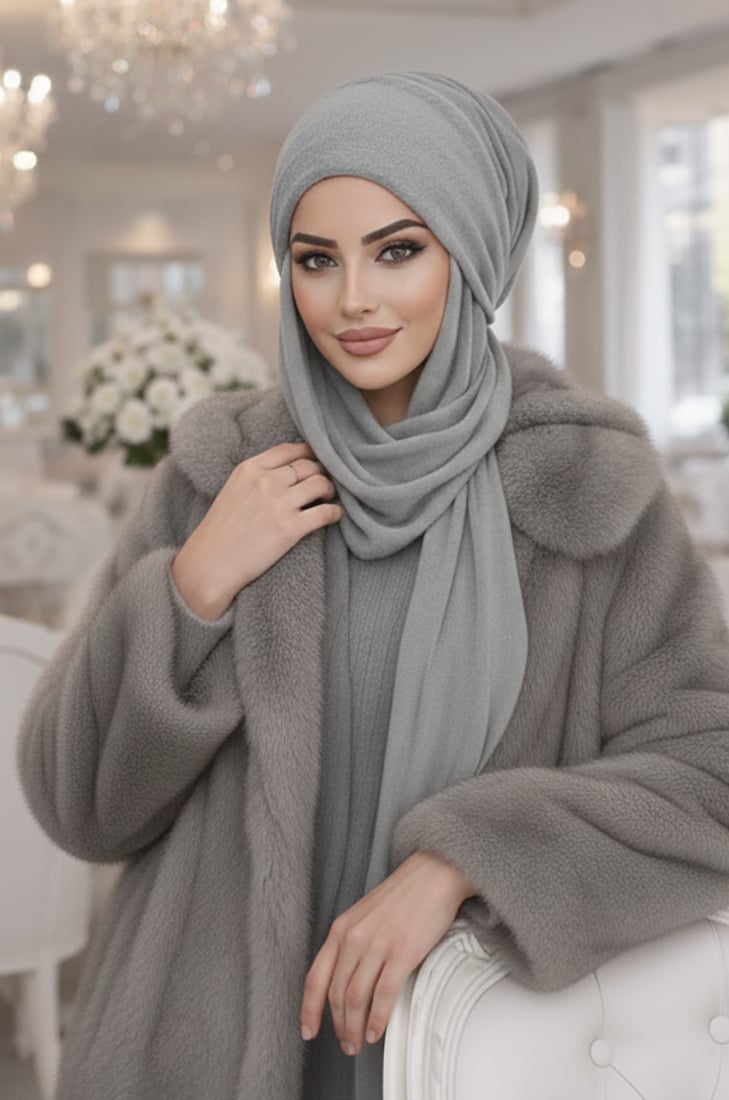 Gri Kürklü Kelebek Bone Şal