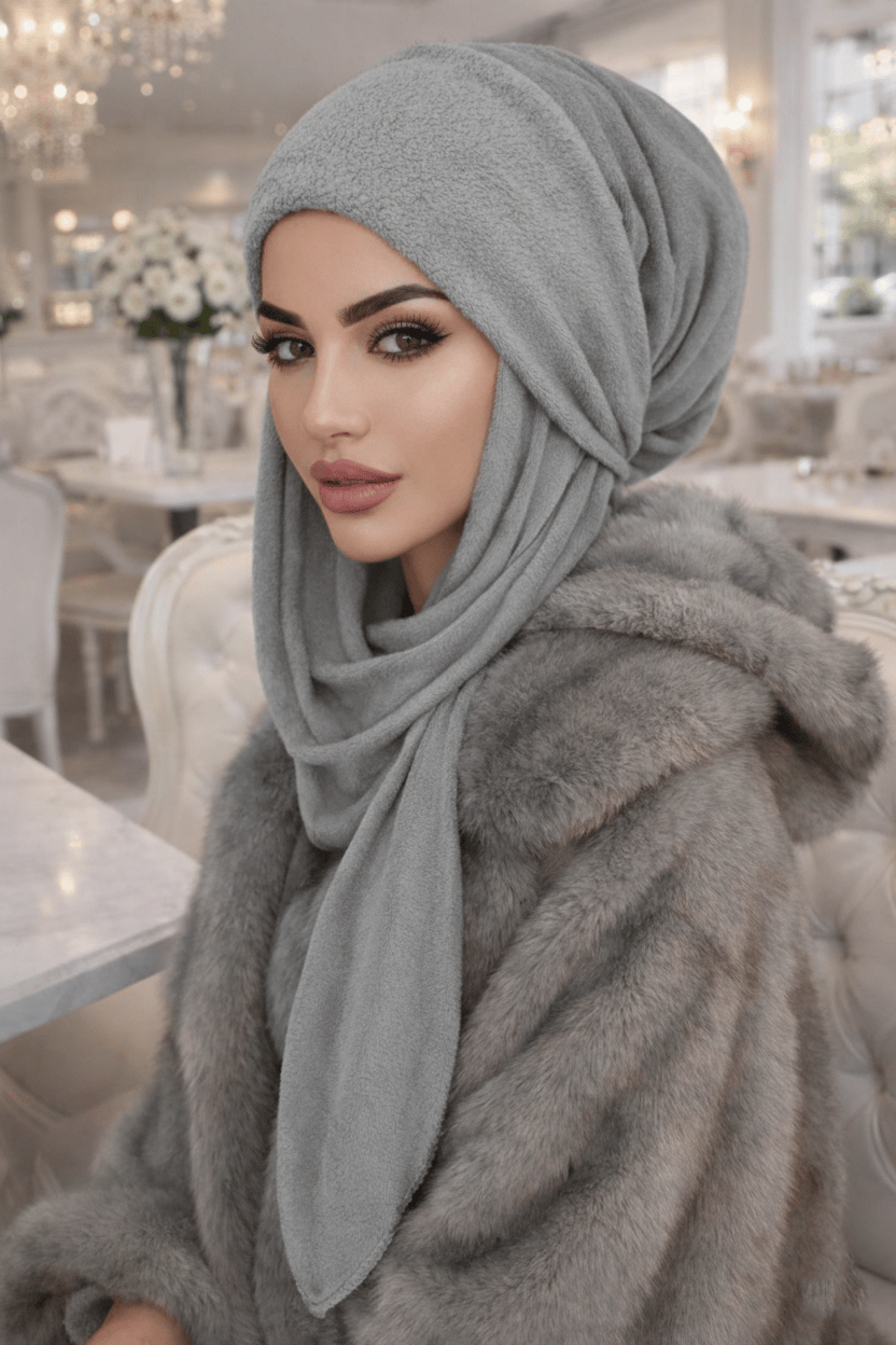 Gri Kürklü Kelebek Bone Şal