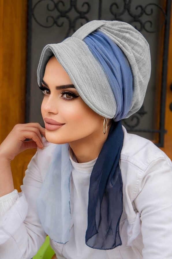 Gri Lacivert Batik Desen Batik Şapkalı Bone