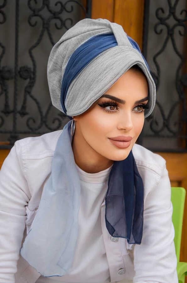 Gri Lacivert Batik Desen Batik Şapkalı Bone