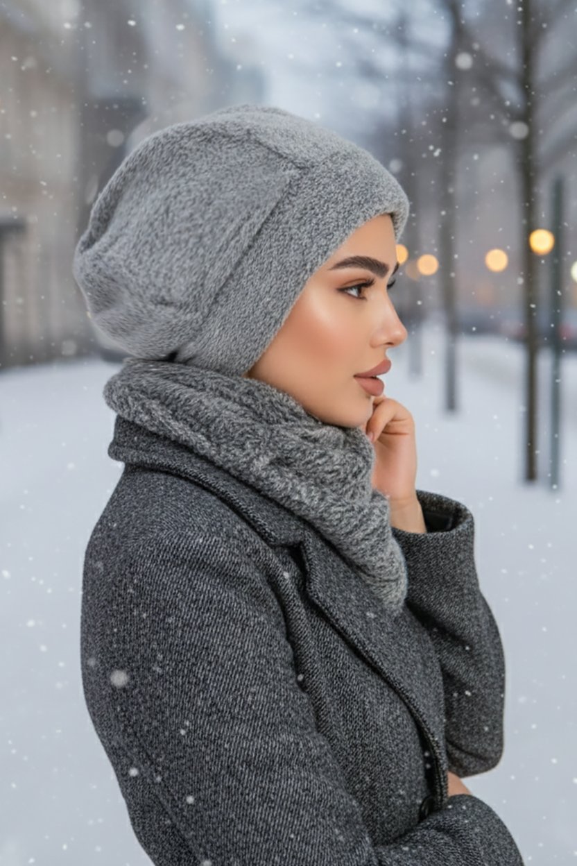 Gri Melanj Welsoft Etol ve Tesettür Bere Takım