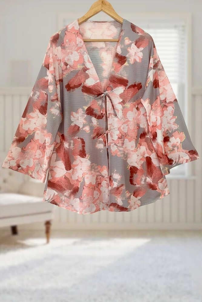 Gri Pudra Çiçekli Önü Bağlamalı Kimono Tunik / Likralı Yazlık Kumaş 85 cm Boy