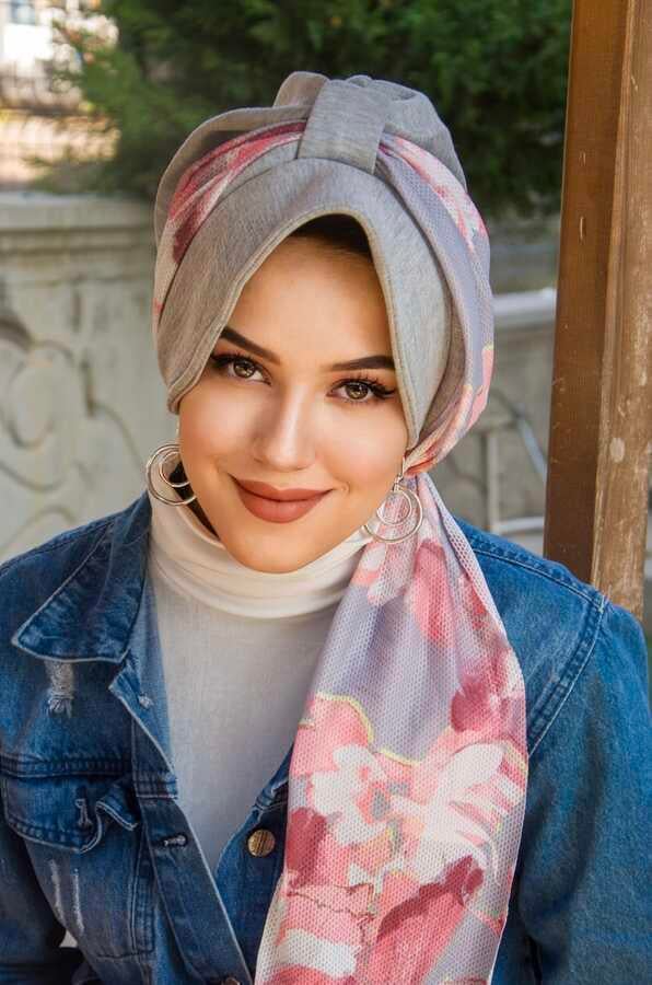 Gri Pudra Soft Dolgulu  Fularlı Şapka Bone