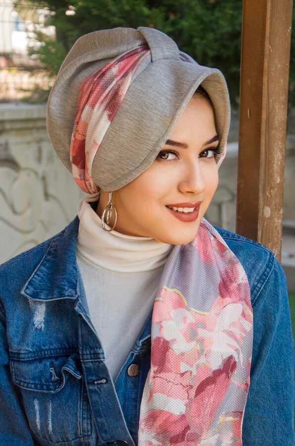 Gri Pudra Soft Dolgulu  Fularlı Şapka Bone