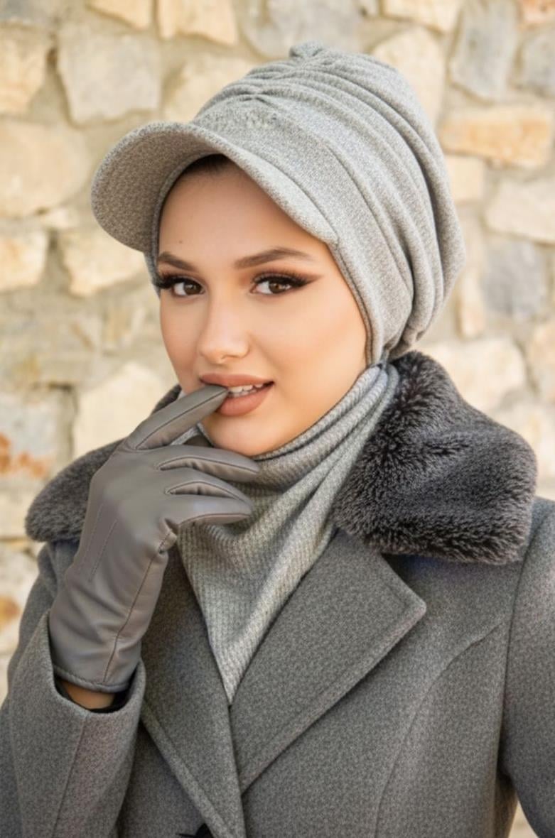 Gri Triko Büzgülü Tesettür Şapka Ve Etol Takım