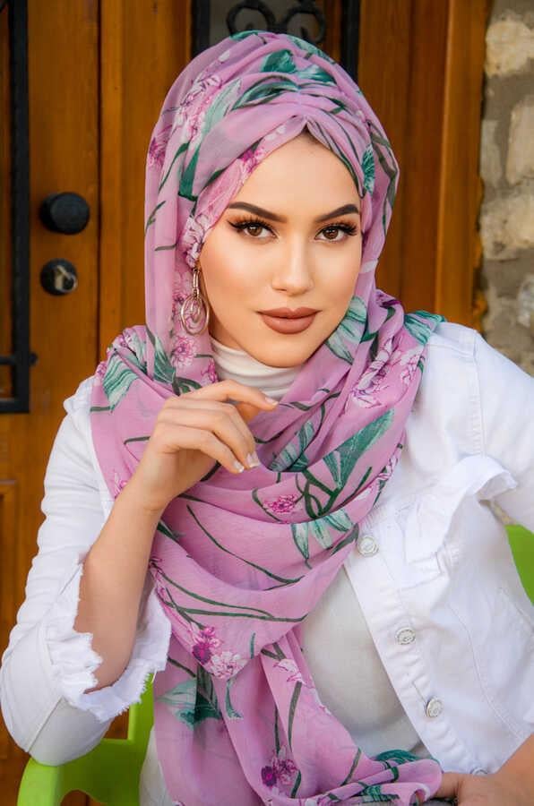 Gülkurusu Çiçek Desenli Hazır Şifon Şal