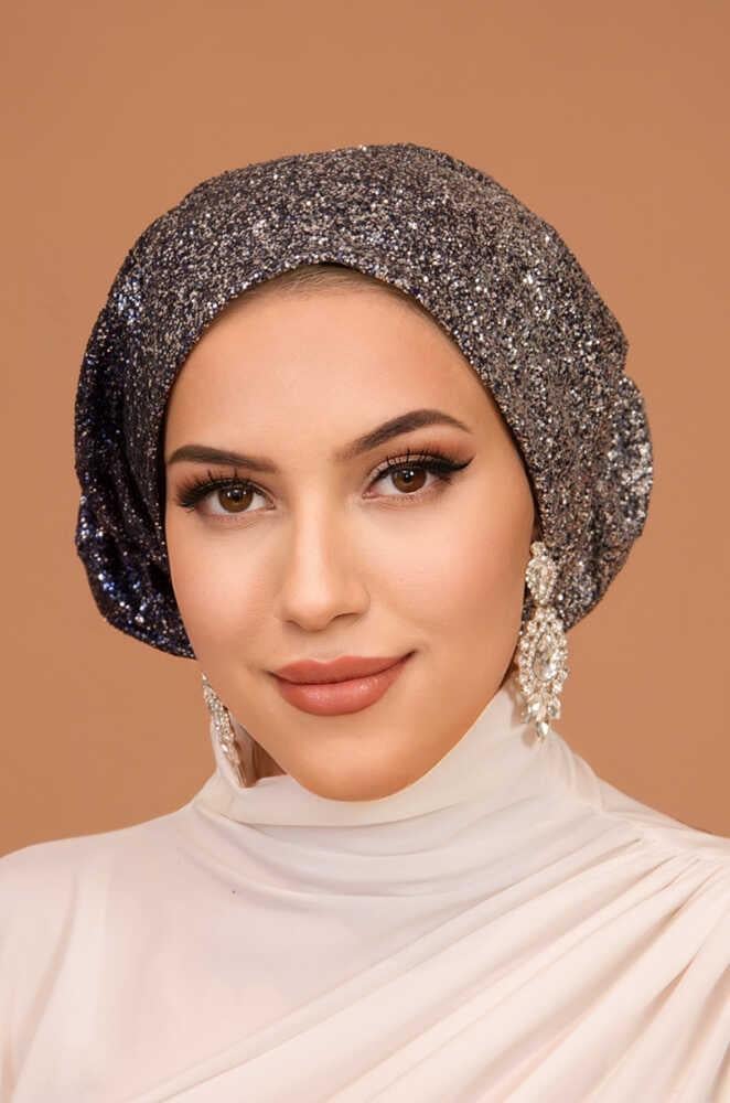 Gümüş Lacivert Simli Çağla Abiye Hazır Türban Bone