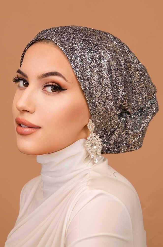 Gümüş Lacivert Simli Çağla Abiye Hazır Türban Bone