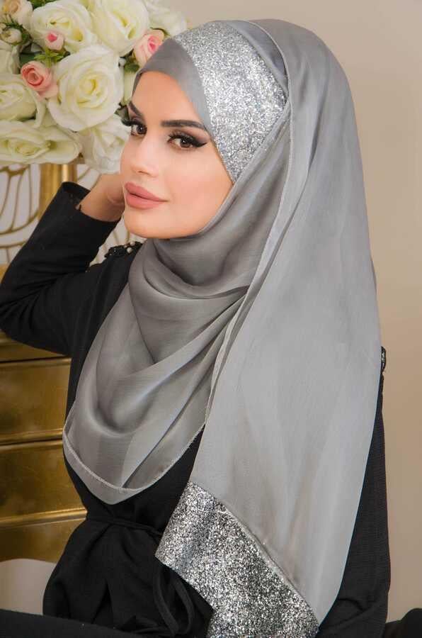 Gümüş Simli Payetli Abiye Double Şal