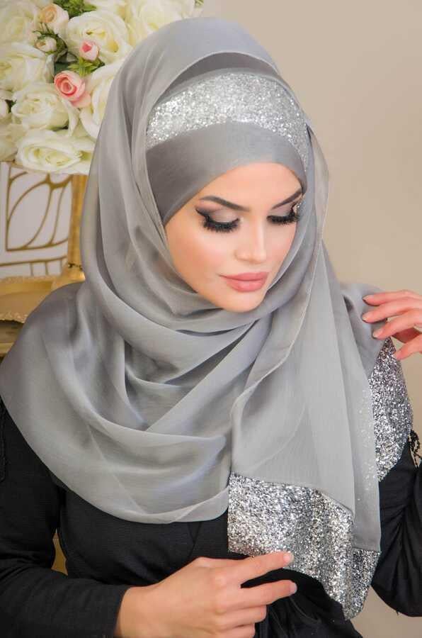 Gümüş Simli Payetli Abiye Double Şal