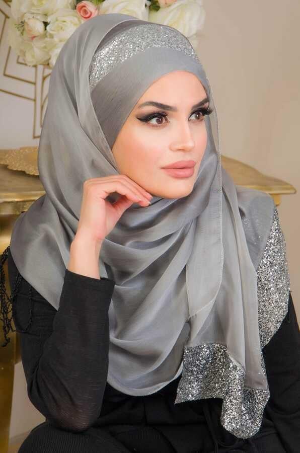 Gümüş Simli Payetli Abiye Double Şal