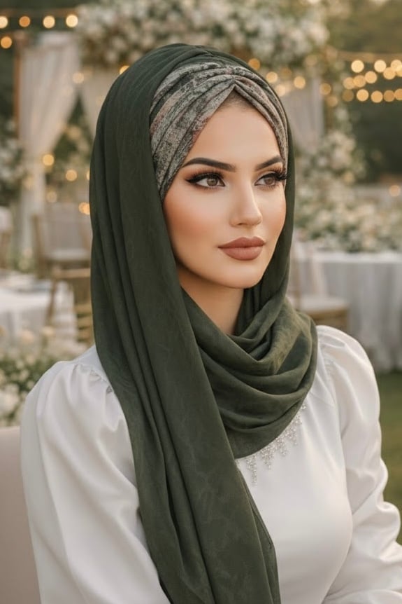 Haki Batik Desenli Hazır Şal