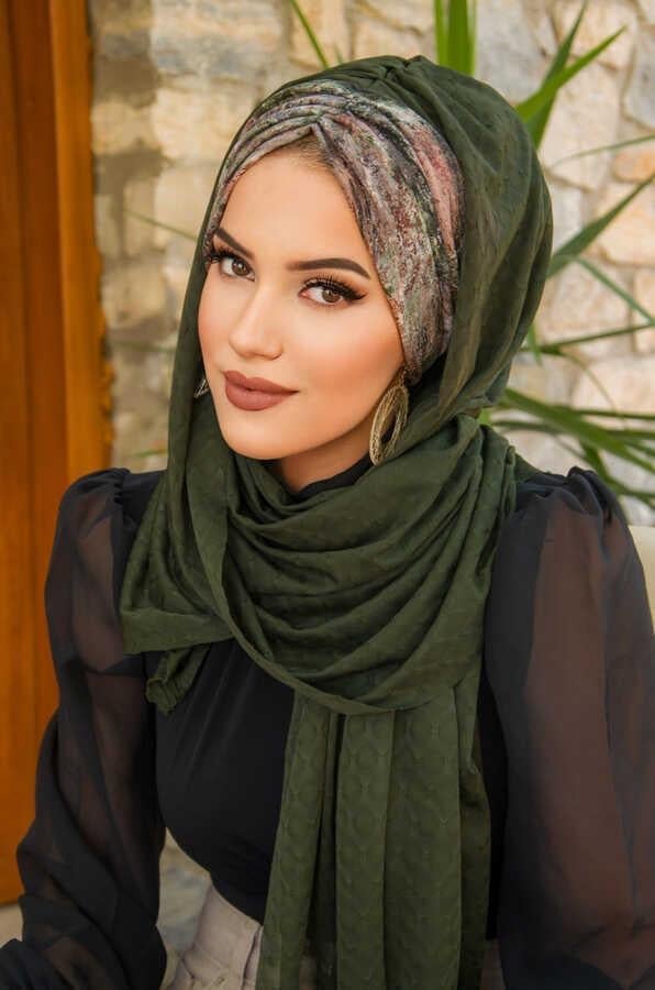 Haki Batik Desenli Hazır Şal