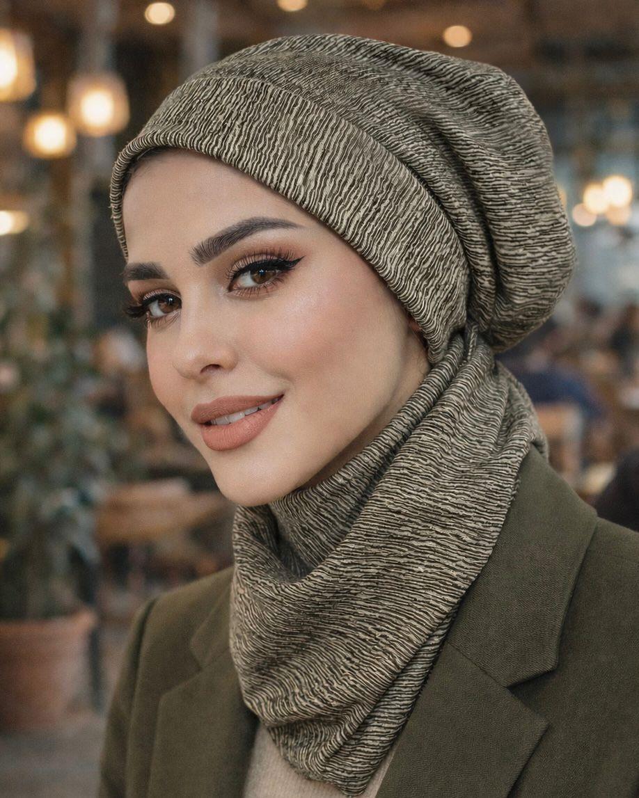 Haki Bej Desen Tesettür Bere Bone ve Çıtçıtlı Etol Takım