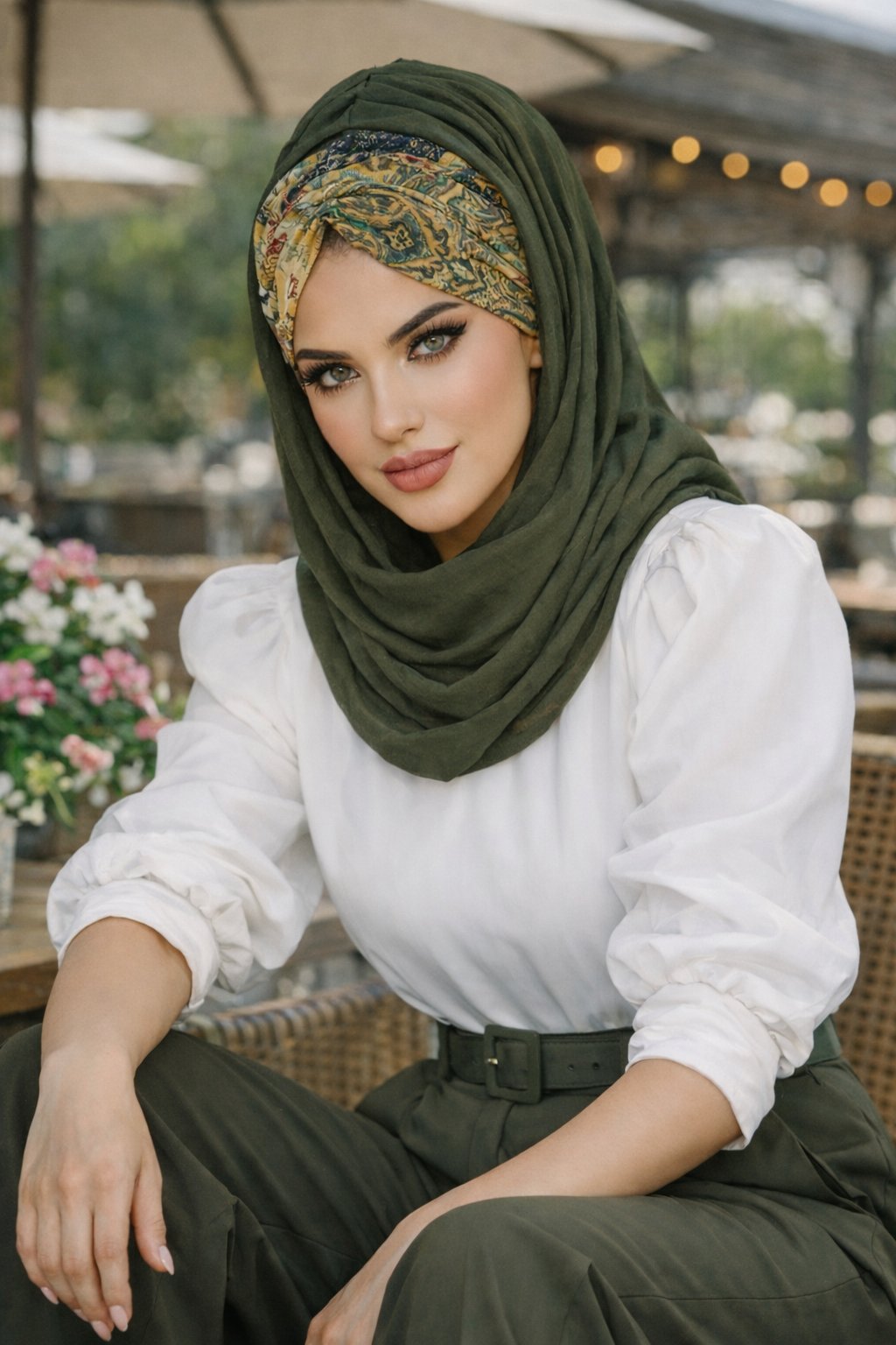 Haki Etnik Desen Büzgülü Hazır Şal