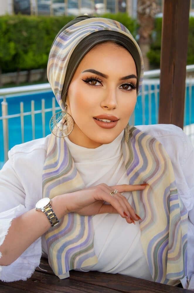 Haki Geometrik Desen Fularlı Bone