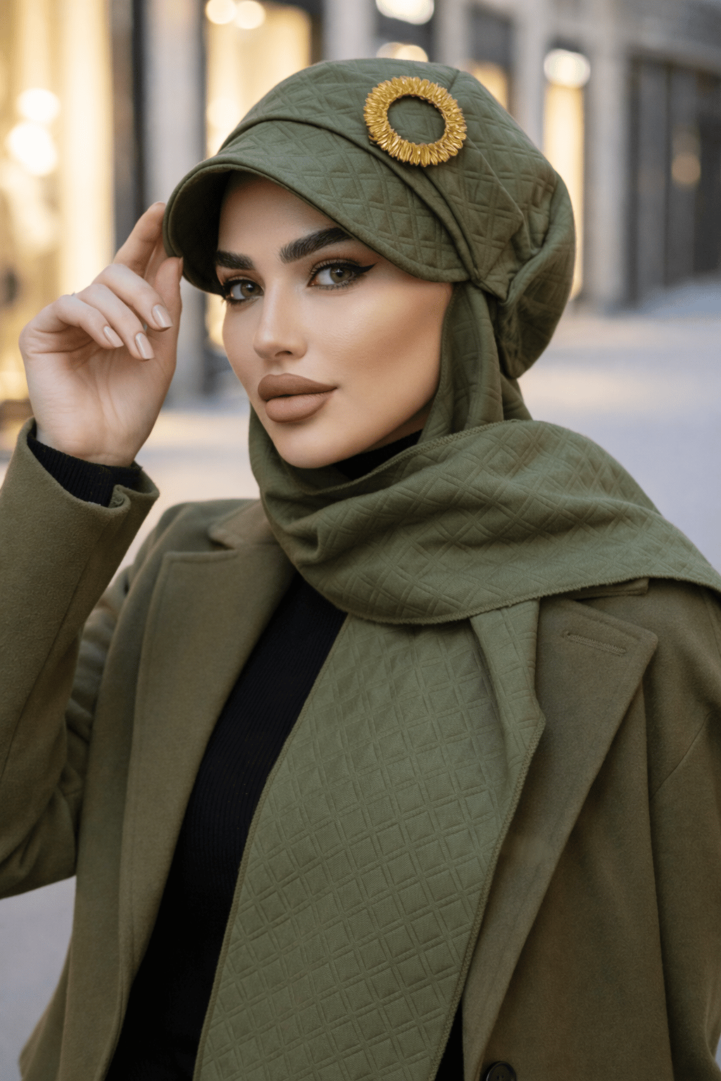 Haki Gold Tokalı Tesettür Şapka