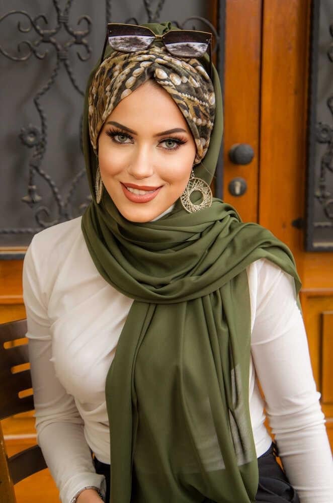 Haki İnci Desen Hazır Şal