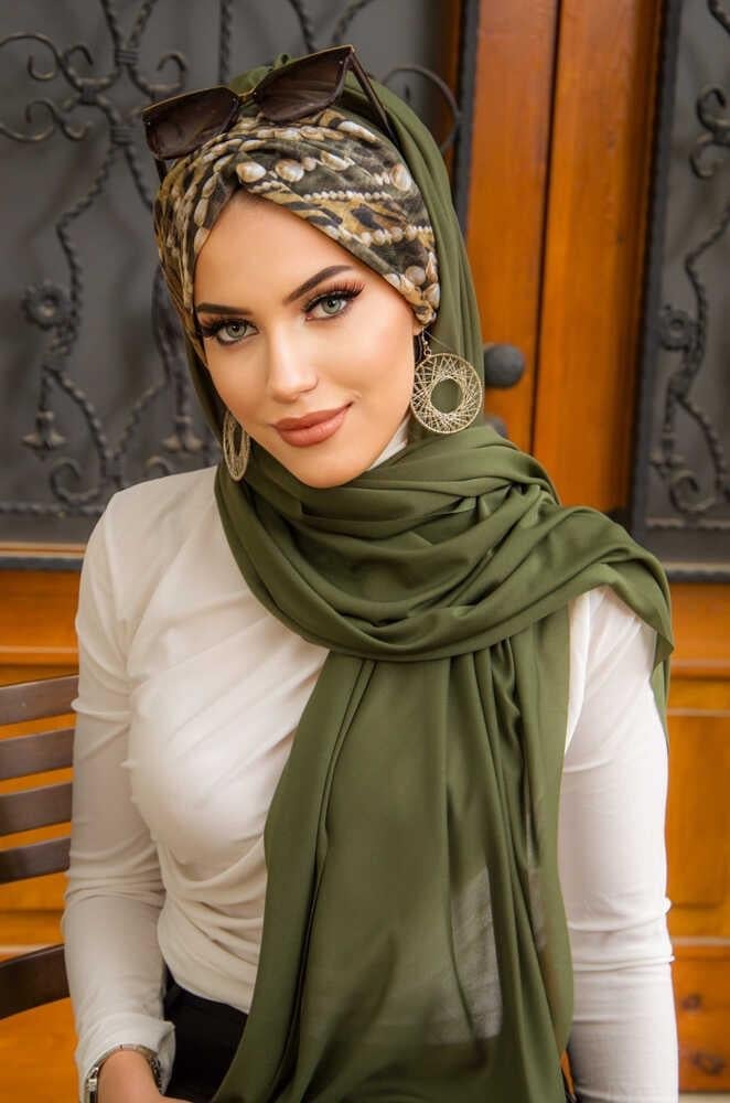 Haki İnci Desen Hazır Şal